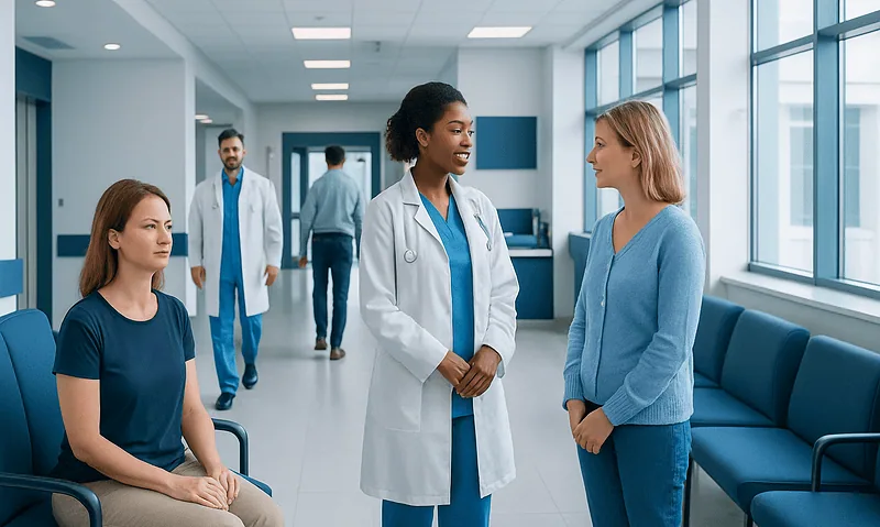 Medical consultation in a modern hospital corridor with diverse healthcare professionals.