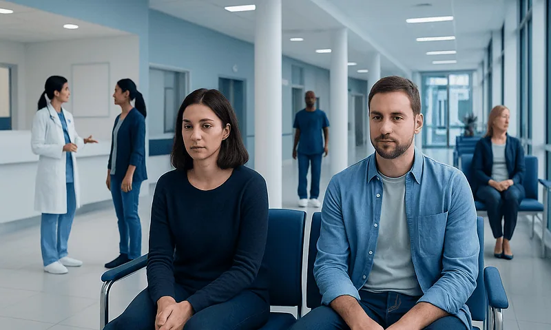 Patients waiting in a hospital corridor with medical staff in the background.
