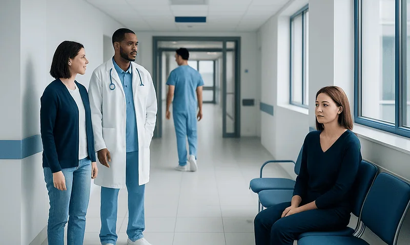 Medical professionals and patient in hospital corridor at Acibadem Hospitals Group.