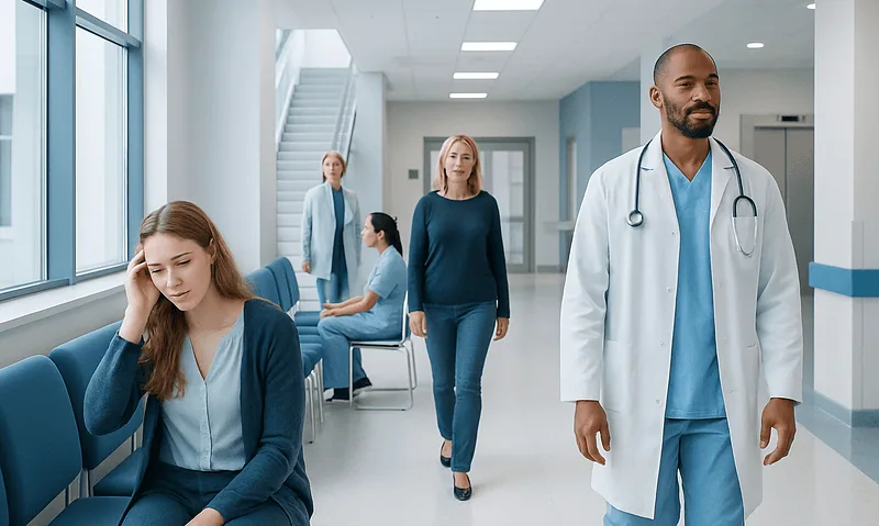 Hospital corridor with medical staff and patients, healthcare environment.