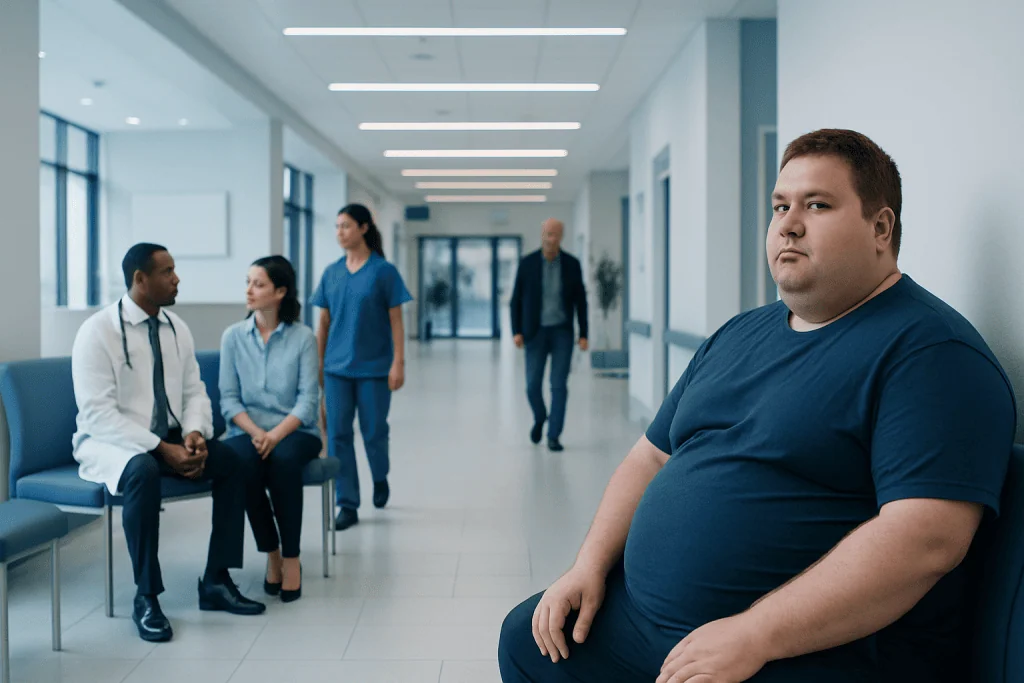 Morbid Obesity — Explained by Medical Evidence, Not Myths 1 Obese man waiting in a hospital corridor with medical staff and visitors.