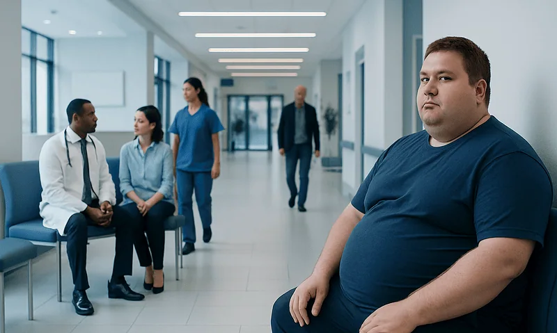 Morbid Obesity — Explained by Medical Evidence, Not Myths 8 Obese man waiting in a hospital corridor with medical staff and visitors.