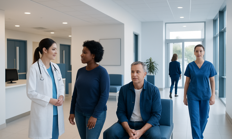 Moringa: What Patients Need to Know 13 Healthcare professionals consulting with a patient in a modern hospital lobby.