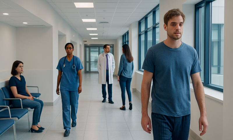 Young male patient walking in hospital corridor with medical staff nearby.