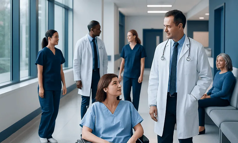 Morphine — Explained by Medical Evidence, Not Myths 13 Medical team consulting with a patient in hospital corridor at Acibadem Hospitals.