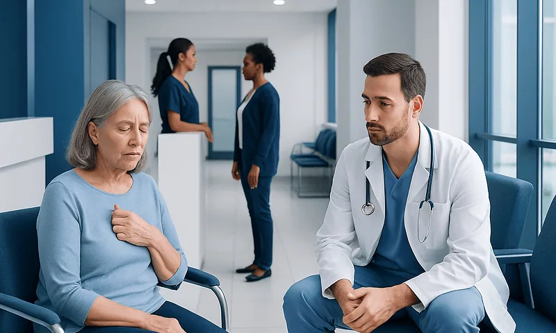 Doctor consulting elderly patient in hospital corridor.