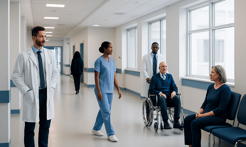 Medical team interacting with a patient in a hospital corridor.