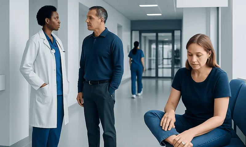 Medical consultation in hospital corridor with doctor and patient.