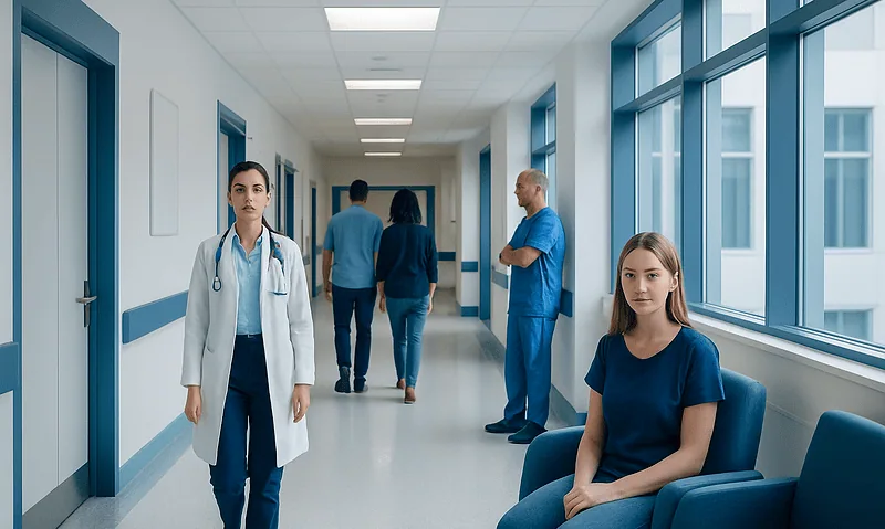 Healthcare professionals and patients in a modern hospital corridor.