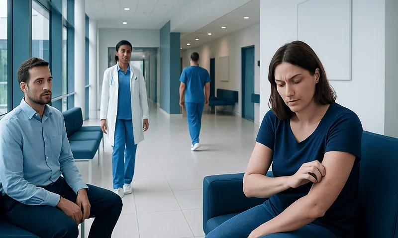 Patient with mosquito bite allergy in hospital waiting area.