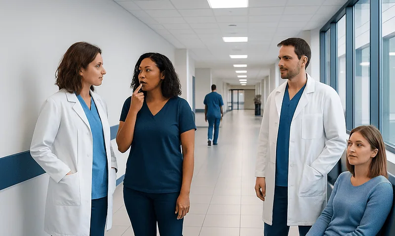 Medical team consulting patient in hospital corridor.