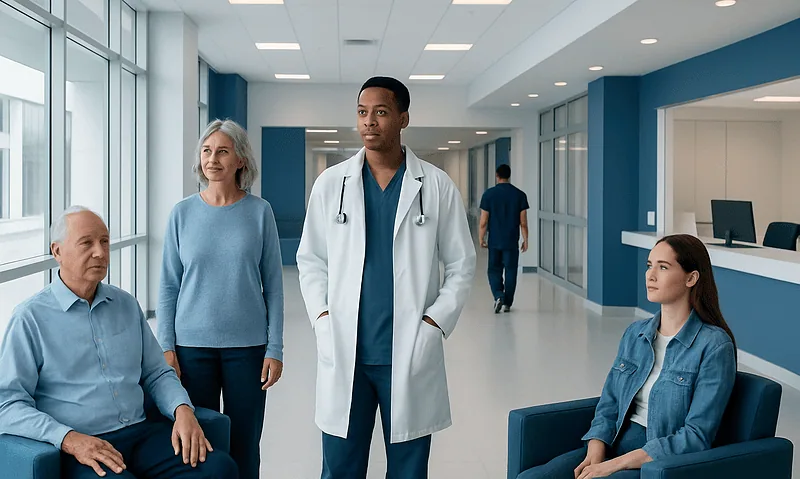 Medical consultation in a modern hospital corridor with diverse patients and staff.