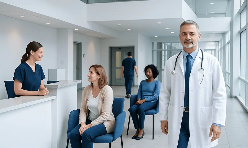 Medical consultation in modern hospital with doctor and patients.