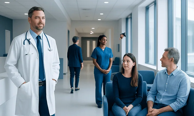 Healthcare professionals and patients in a modern hospital corridor.