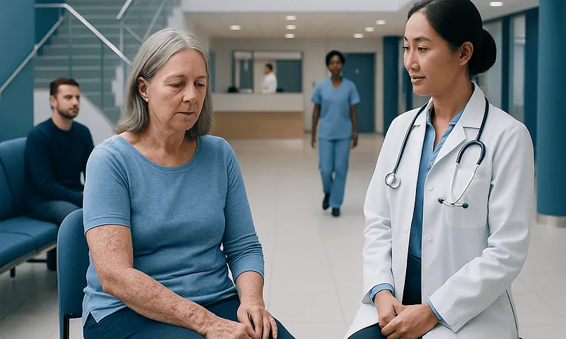 Doctor consulting with an elderly woman in a hospital lobby.