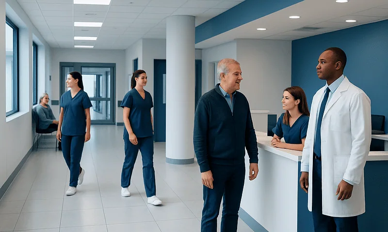 Hospital staff and doctor engaging in conversation in a modern healthcare facility.