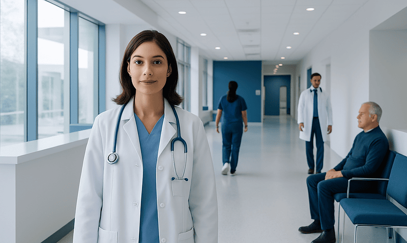 Healthcare professional in hospital corridor with patients and staff.