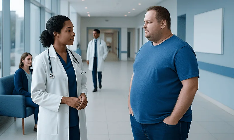 Doctor and patient having a consultation in a hospital corridor.