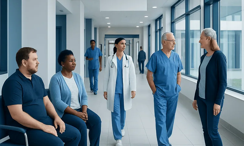 Medical team and patients in a hospital corridor at Acibadem Hospitals Group.