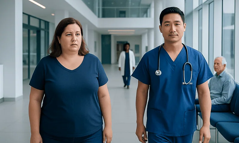 Healthcare professionals in hospital corridor with patient.