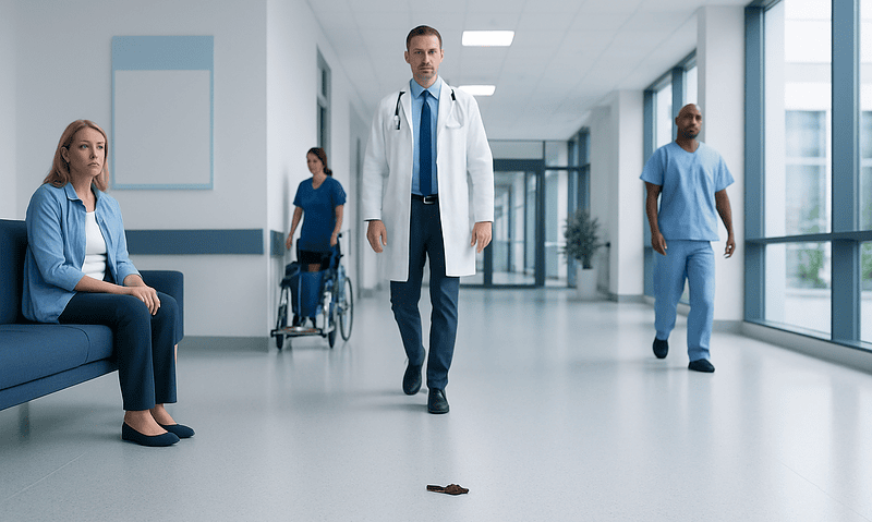 Medical professionals and patients in a hospital corridor with a mouse on the floor.