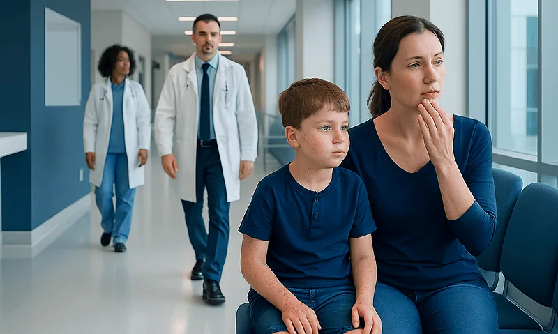 Child and mother waiting in hospital corridor with medical staff nearby.