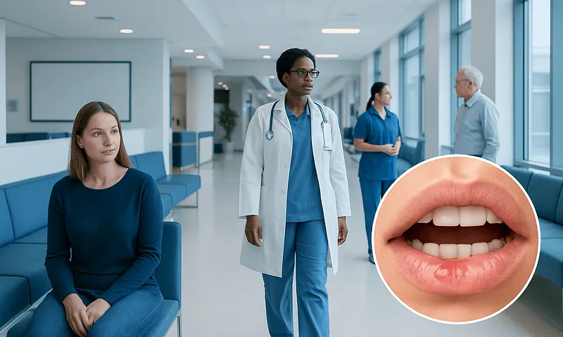 Patient with mouth sores waiting in a hospital corridor with medical staff nearby.