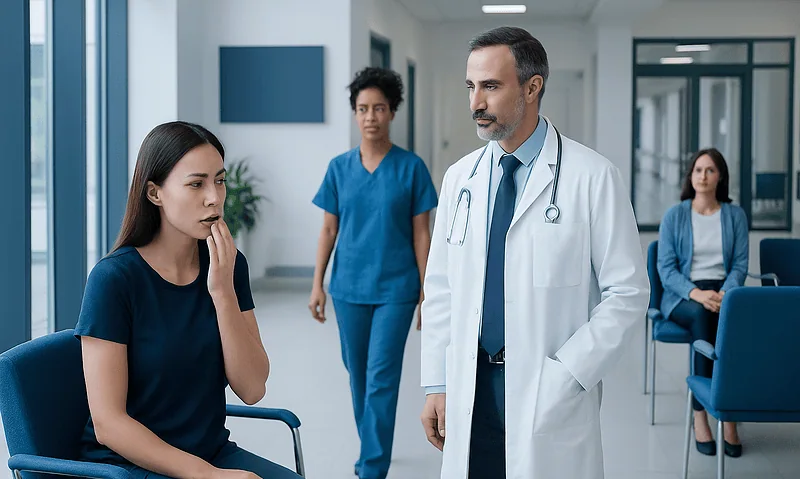 Mouth Ulcer Treatment: Symptoms, Causes, and Treatment Options 2 Doctor consulting with a young female patient in a hospital corridor.