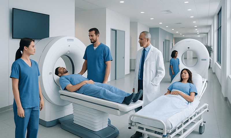 Medical team preparing patient for MRI scan in hospital corridor.