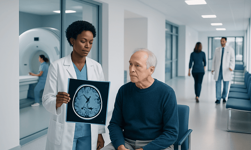 Doctor showing brain scan to senior patient in hospital corridor.