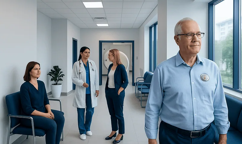Medical professionals and patient in a hospital corridor with MRI-compatible pacemakers.