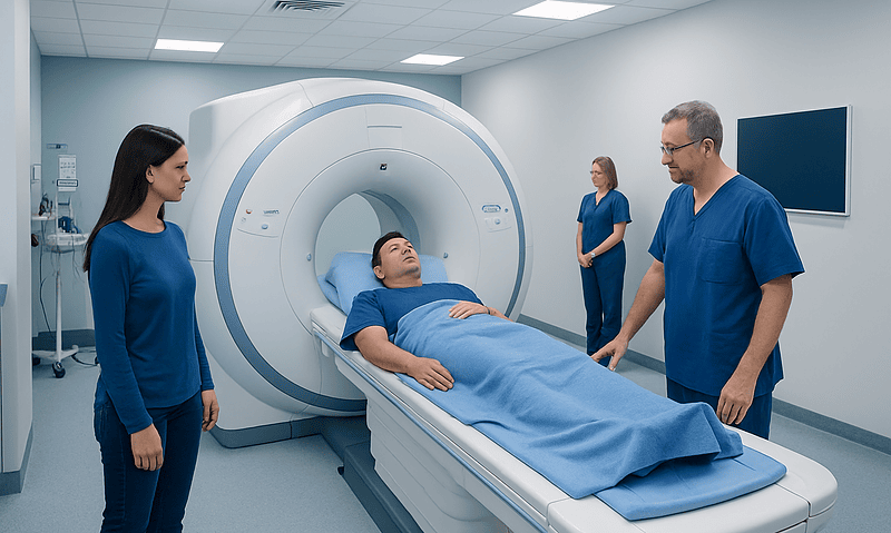 Patient undergoing MRI scan with medical staff present in a hospital setting.