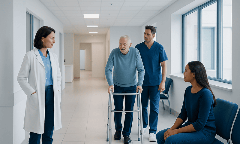 Elderly patient with walker consulting with medical staff in hospital corridor.
