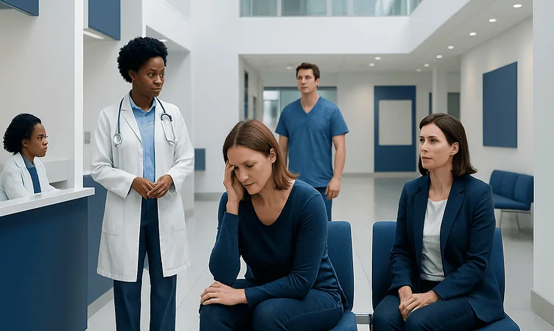 Woman experiencing headache in a hospital waiting area with medical staff nearby.