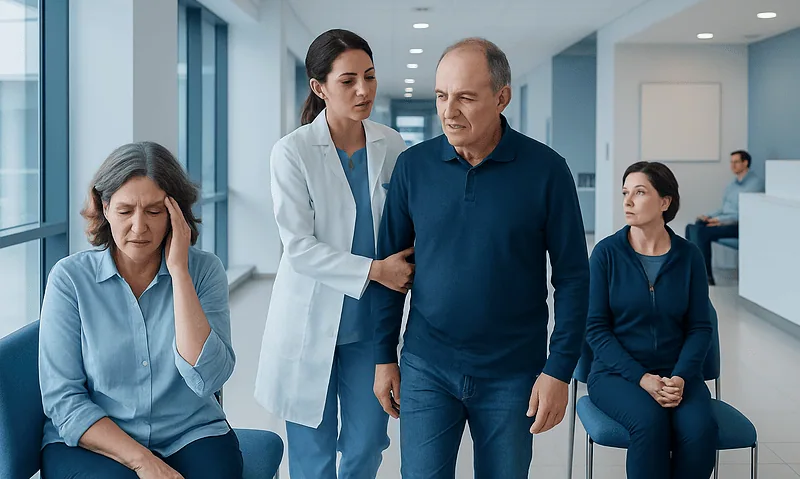Doctor consulting with MS patient in hospital corridor.