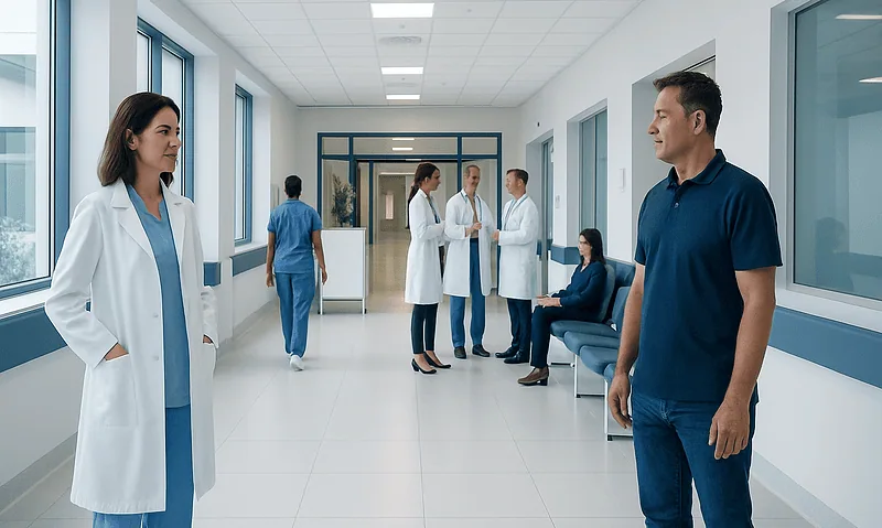 Medical staff and patients in a modern hospital corridor at Acibadem Hospitals Group.
