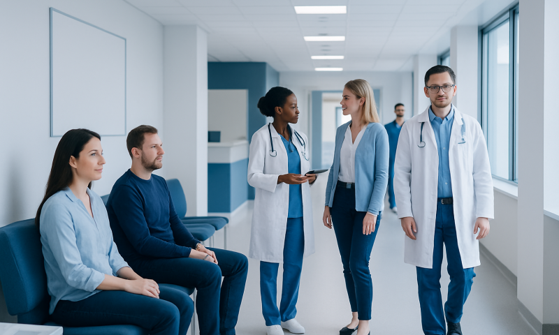 Medical team consulting in hospital corridor with patients and doctors.