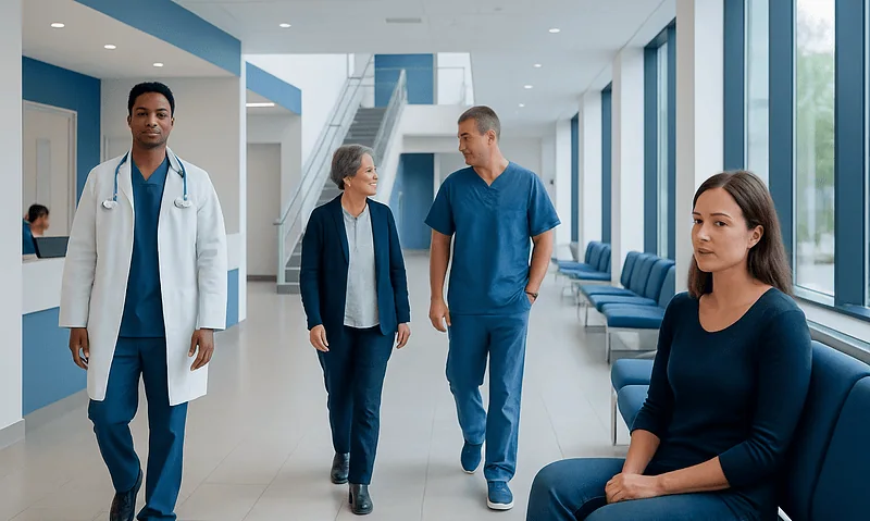 Mucinex Dm: A Complete Medical Overview 8 Healthcare professionals and patient in a modern hospital corridor.
