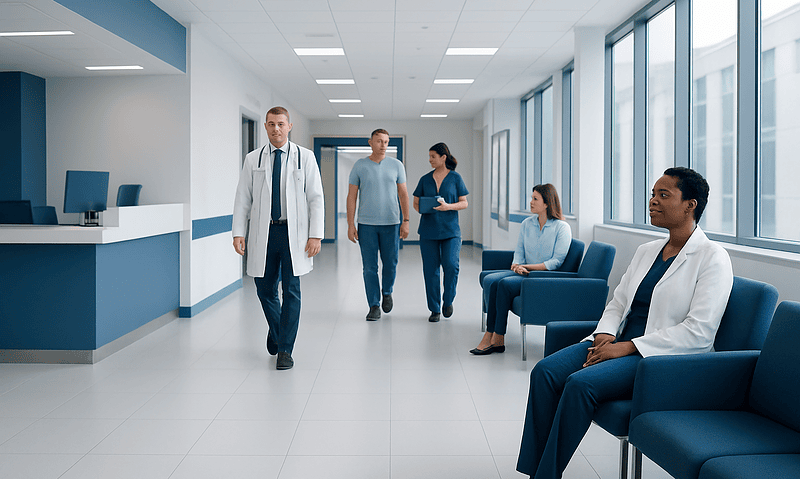 Medical professionals and patients in a modern hospital waiting area.