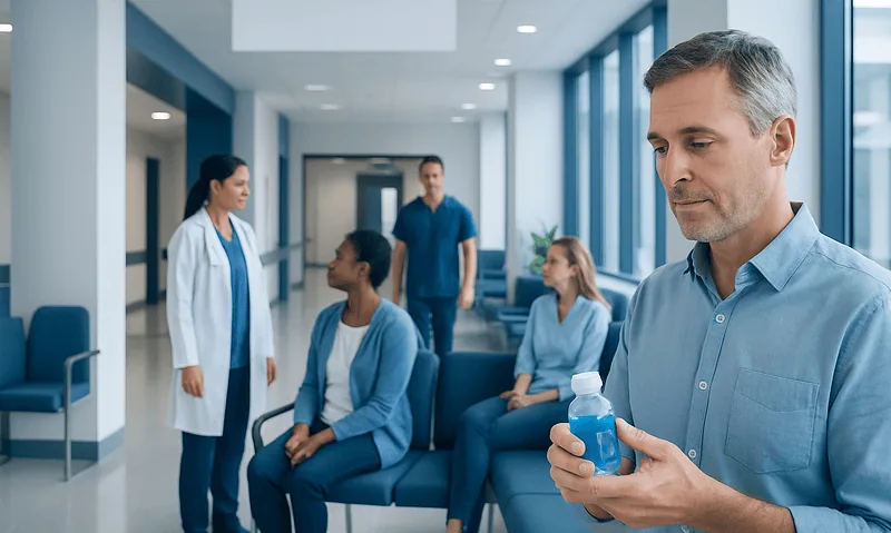 Patient waiting in hospital corridor with doctor and staff present.