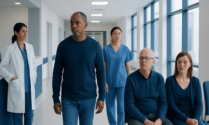 Diverse medical team in hospital corridor with patient and staff.