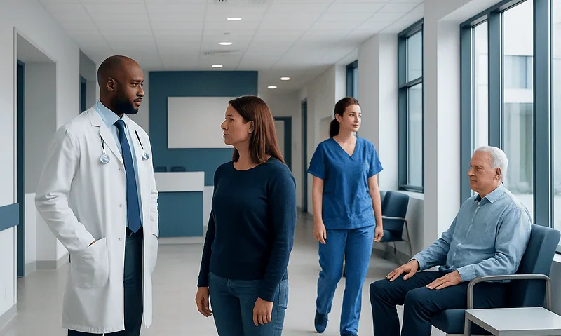 Doctor talking to patient in hospital corridor with nurses nearby.
