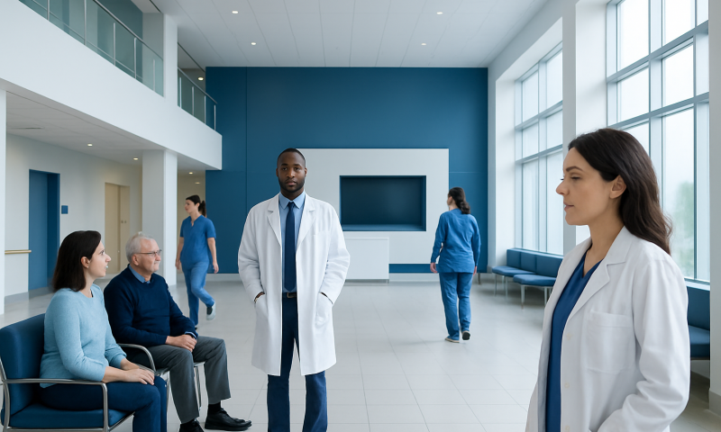 Doctors and patients in a modern hospital waiting area.