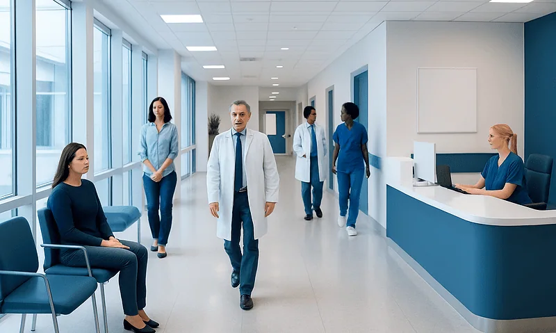 Medical team in hospital corridor with patient waiting area and reception desk.