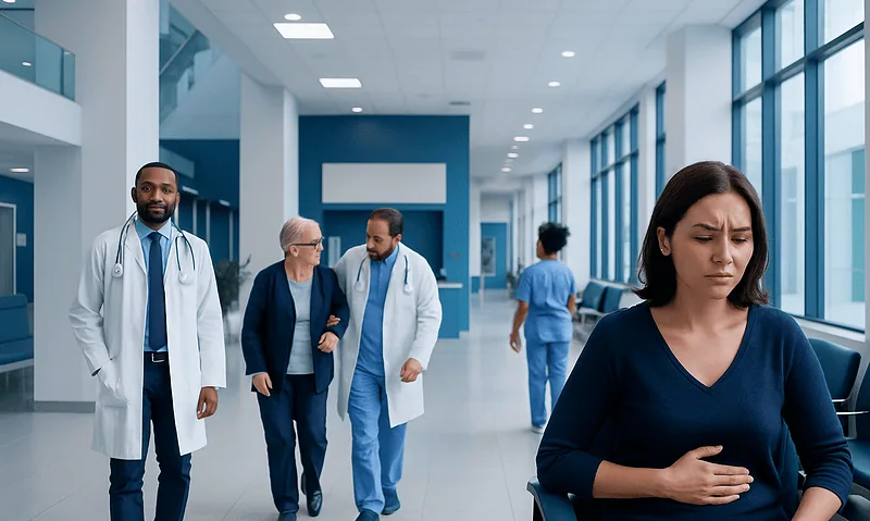 Mucus after eating: Symptoms, Causes, and Treatment — Complete Patient Guide 9 Patient experiencing mucus after eating in hospital corridor with medical staff nearby.