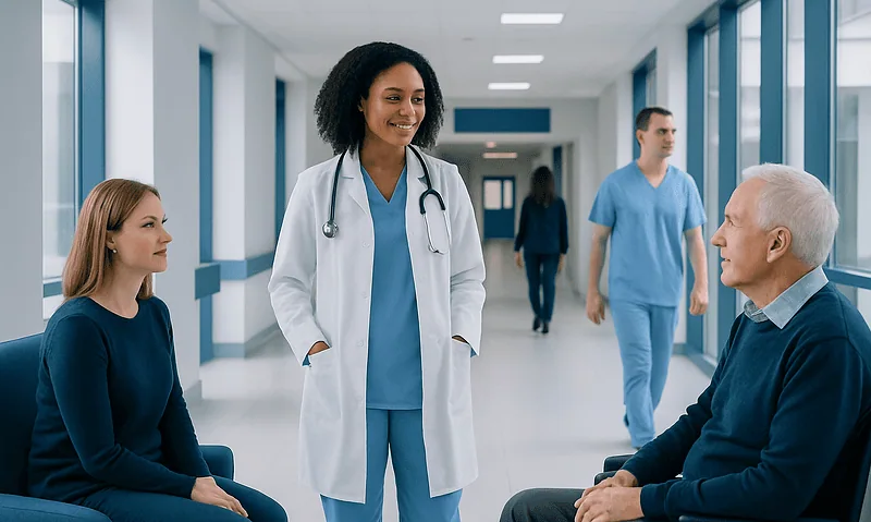 Doctor talking to patients in a hospital corridor.