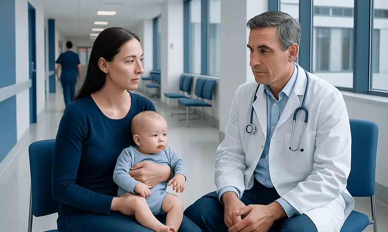 Pediatric consultation with mother and baby at hospital.