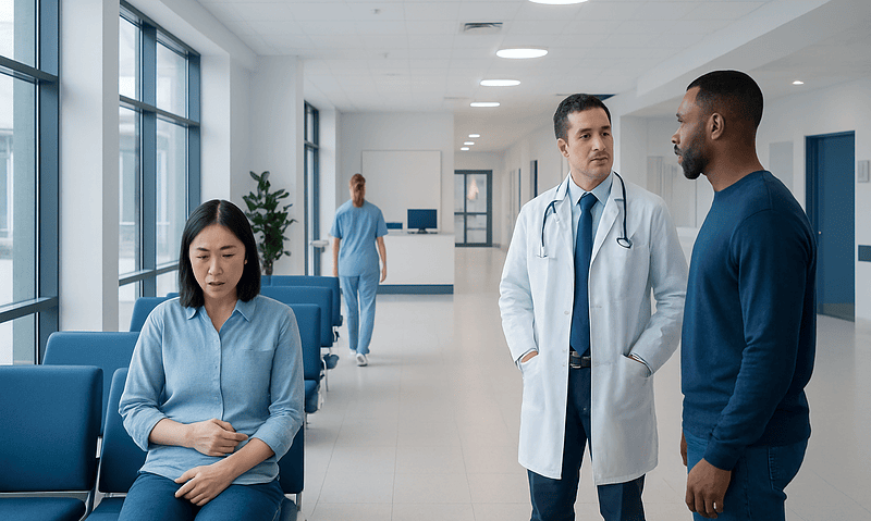 Hospital corridor with medical staff and patient in waiting area.