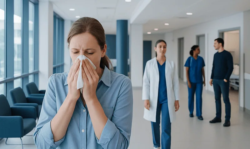 Woman with cold symptoms holding tissue in hospital corridor.