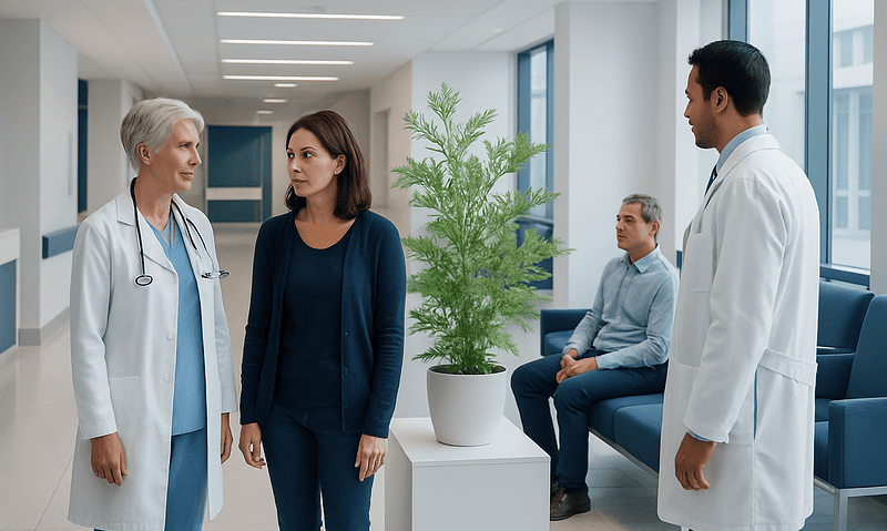 Medical professionals and patient in hospital corridor.